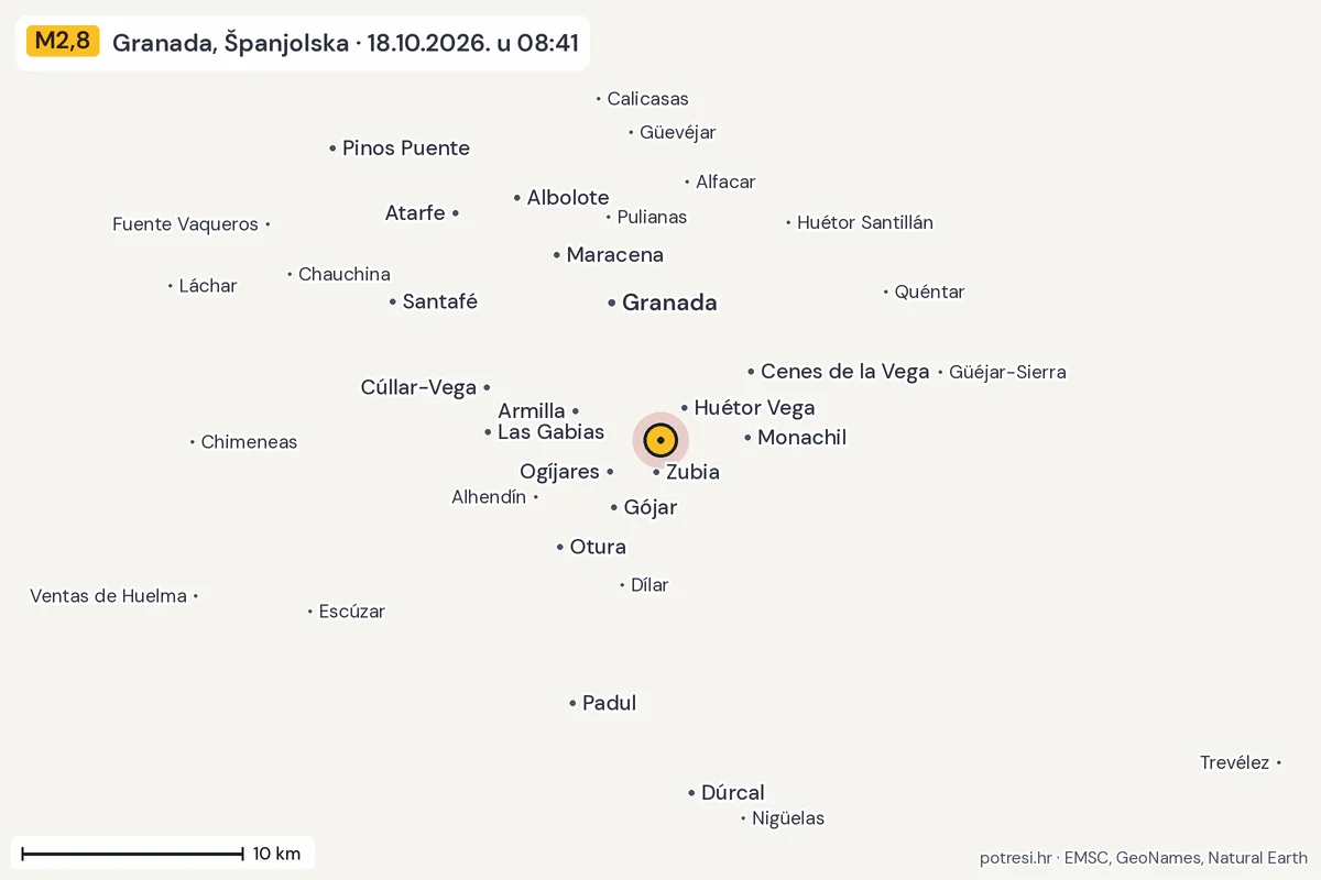 Karta: okolica epicentra, 60 km, potres M2,8, Granada, Španjolska, 18.10.2026.