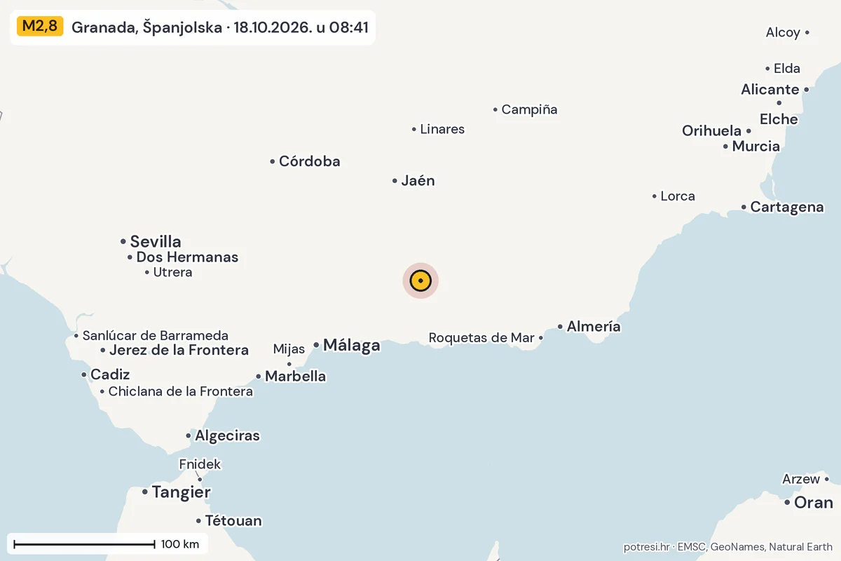 Karta: šire područje, 600 km, potres M2,8, Granada, Španjolska, 18.10.2026.