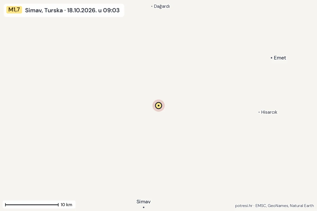 Karta: okolica epicentra, 60 km, potres M1,7, Simav, Turska, 18.10.2026.