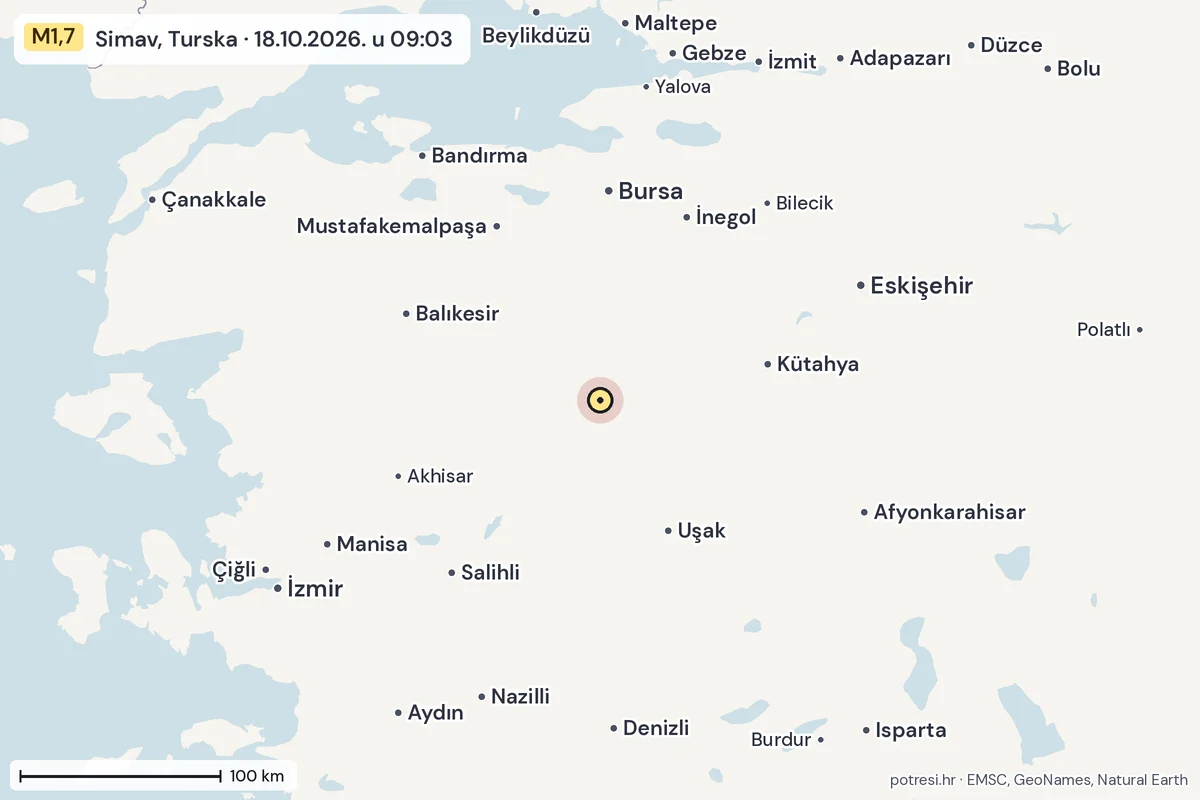 Karta: šire područje, 600 km, potres M1,7, Simav, Turska, 18.10.2026.