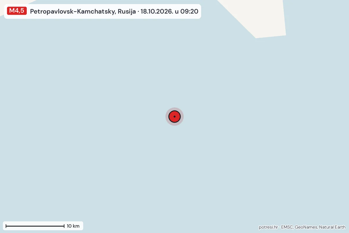 Karta: okolica epicentra, 60 km, potres M4,5, Petropavlovsk-Kamchatsky, Rusija, 18.10.2026.