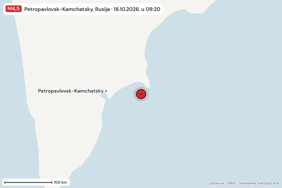 Karta: šire područje, 600 km, potres M4,5, Petropavlovsk-Kamchatsky, Rusija, 18.10.2026.
