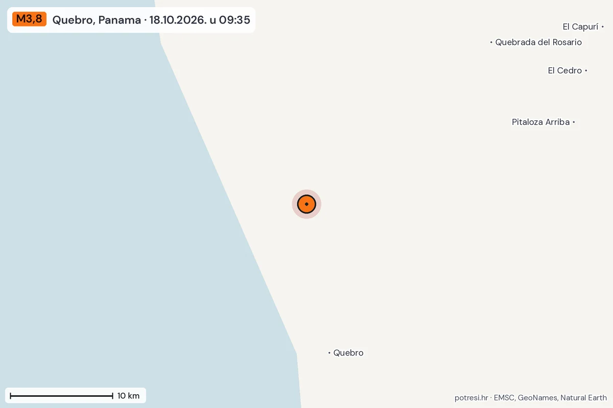 Karta: okolica epicentra, 60 km, potres M3,8, Quebro, Panama, 18.10.2026.