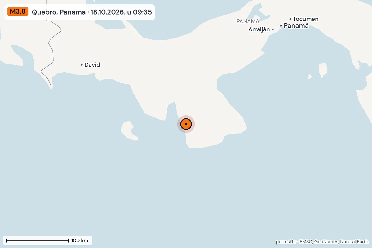 Karta: šire područje, 600 km, potres M3,8, Quebro, Panama, 18.10.2026.