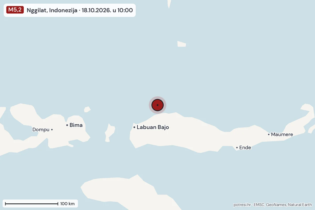 Karta: šire područje, 600 km, potres M5,2, Nggilat, Indonezija, 18.10.2026.