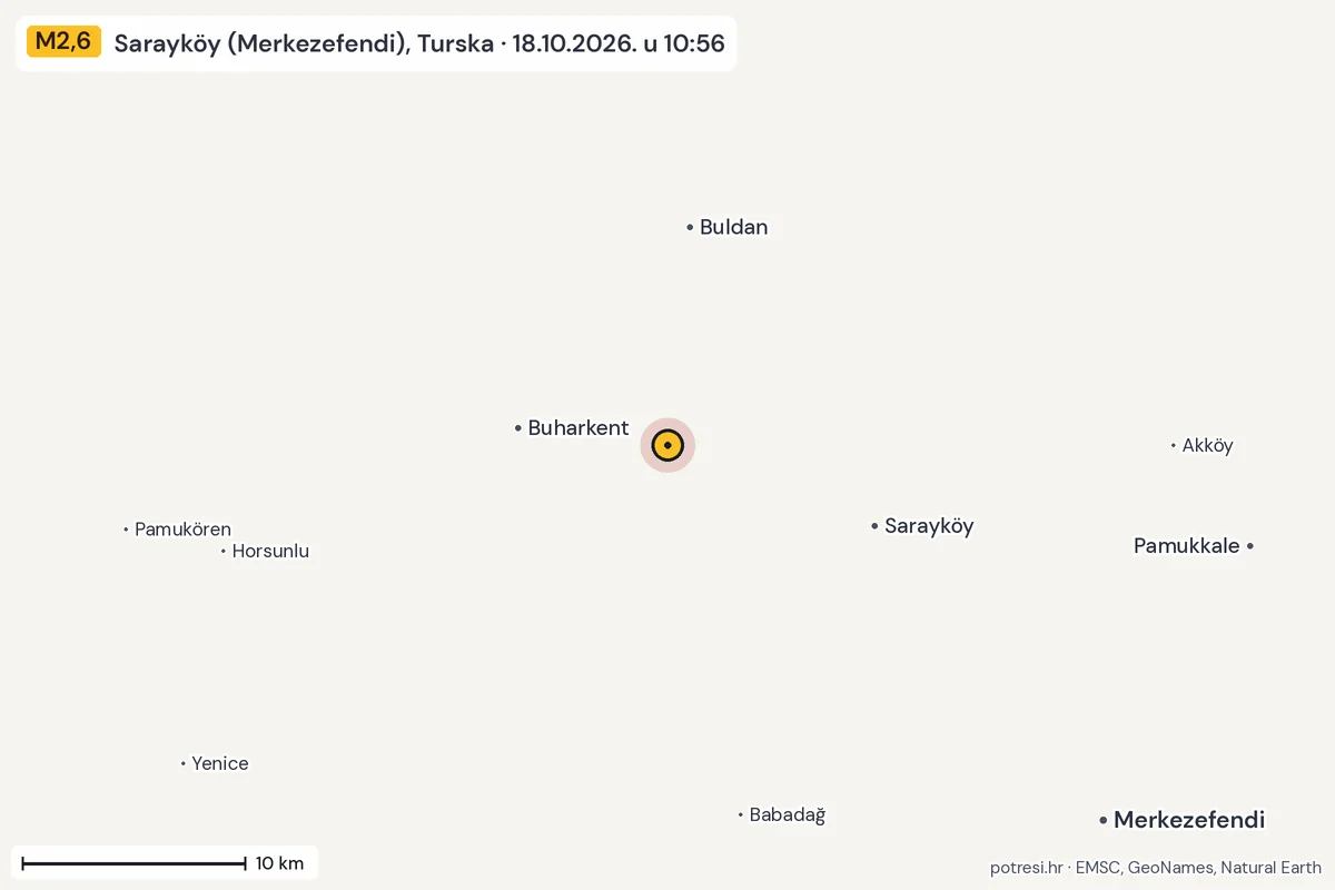 Karta: okolica epicentra, 60 km, potres M2,6, Sarayköy (Merkezefendi), Turska, 18.10.2026.