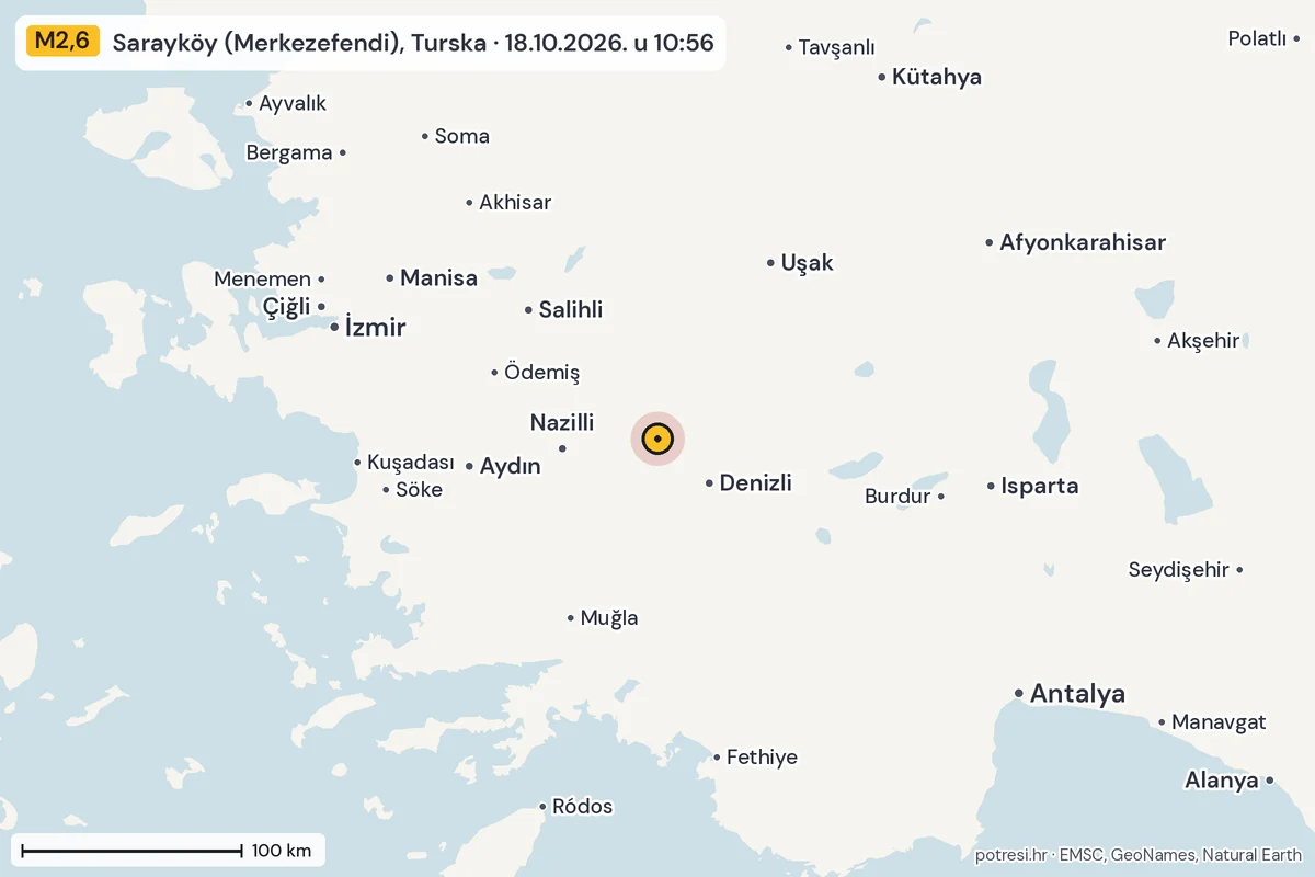 Karta: šire područje, 600 km, potres M2,6, Sarayköy (Merkezefendi), Turska, 18.10.2026.