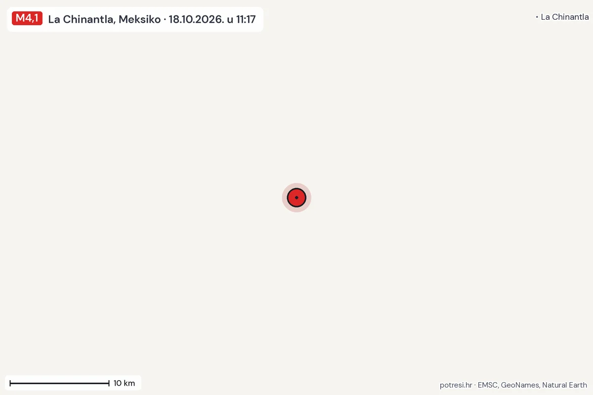 Karta: okolica epicentra, 60 km, potres M4,1, La Chinantla, Meksiko, 18.10.2026.