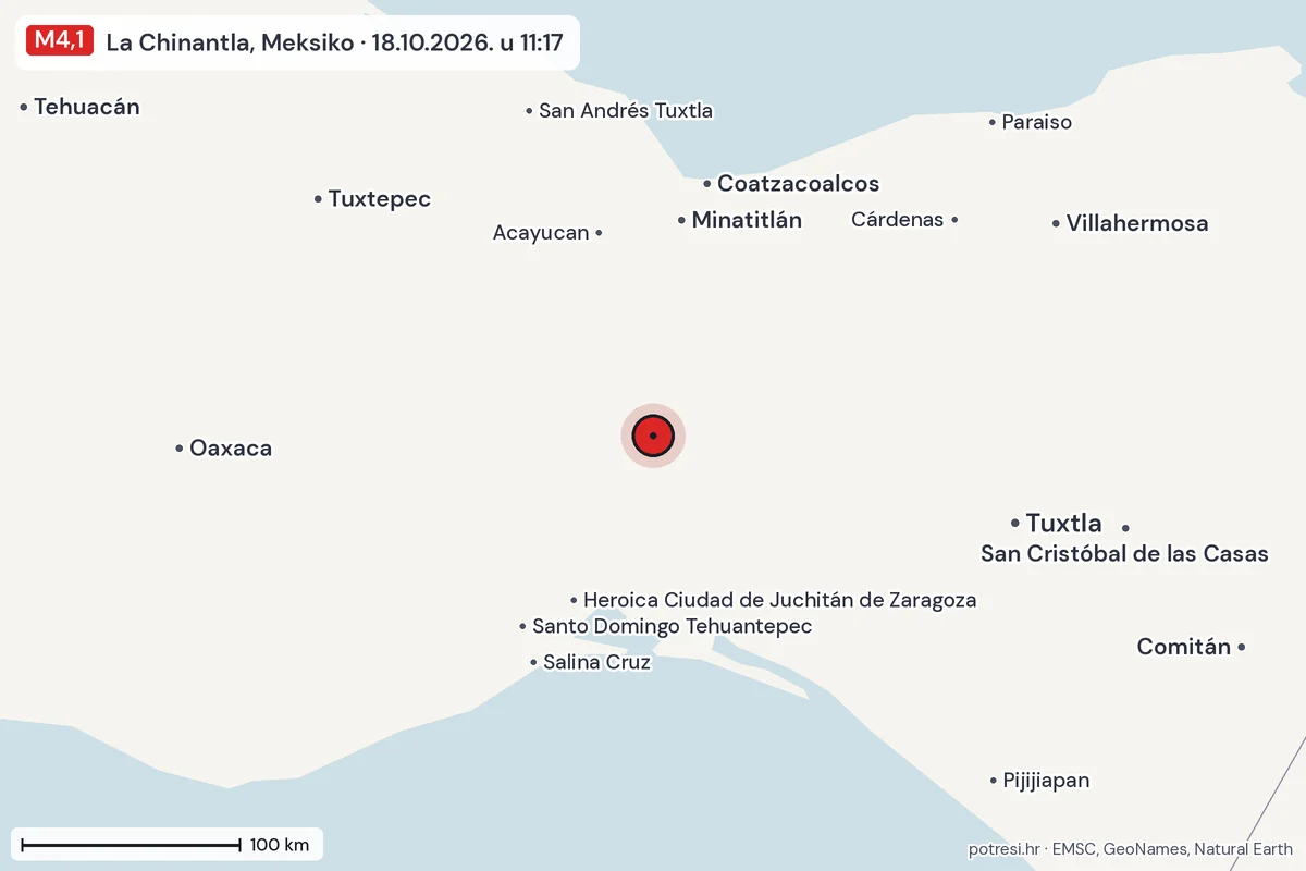 Karta: šire područje, 600 km, potres M4,1, La Chinantla, Meksiko, 18.10.2026.