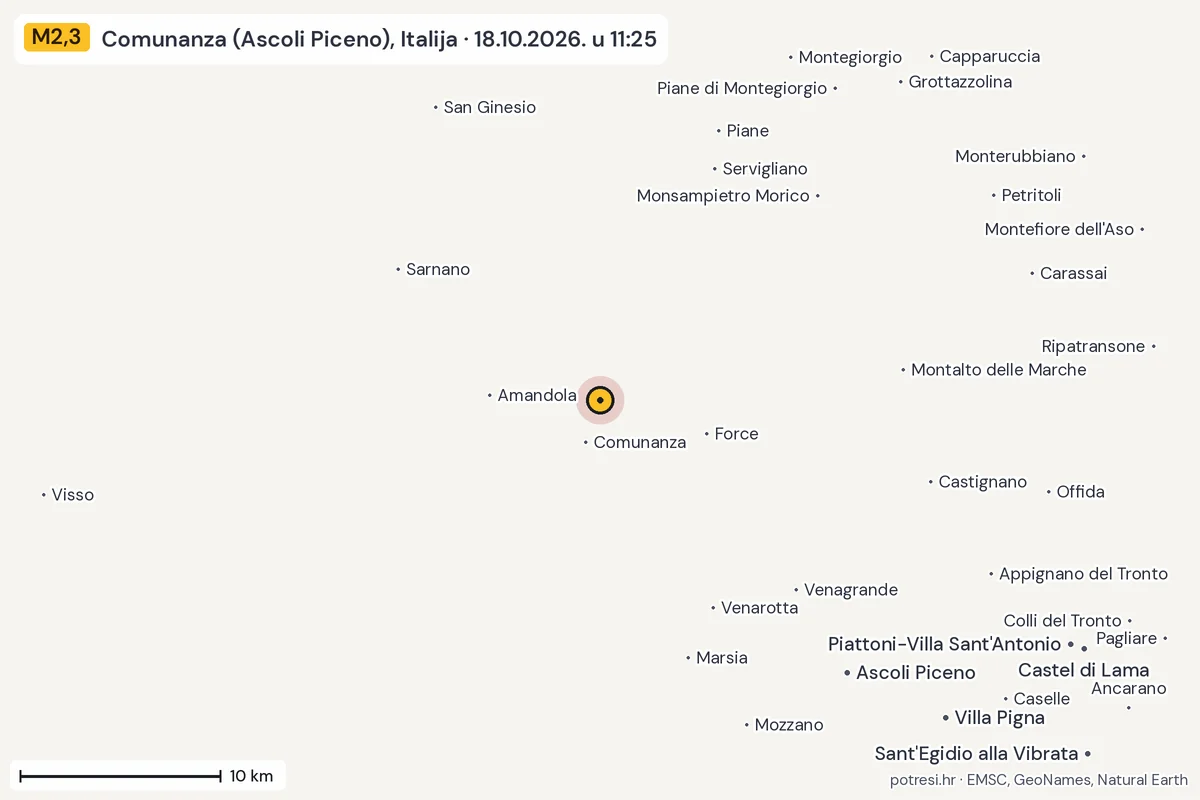 Karta: okolica epicentra, 60 km, potres M2,3, Comunanza (Ascoli Piceno), Italija, 18.10.2026.