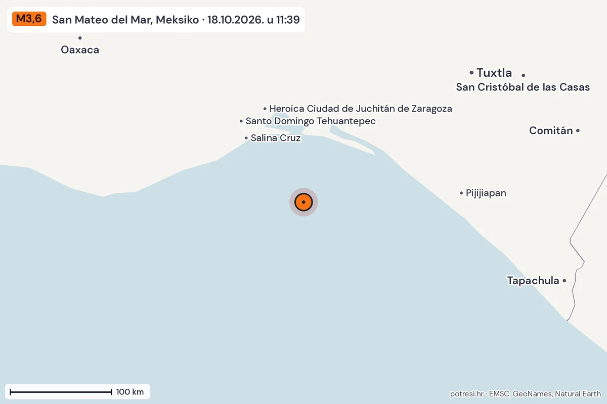 Karta: šire područje, 600 km, potres M3,6, San Mateo del Mar, Meksiko, 18.10.2026.