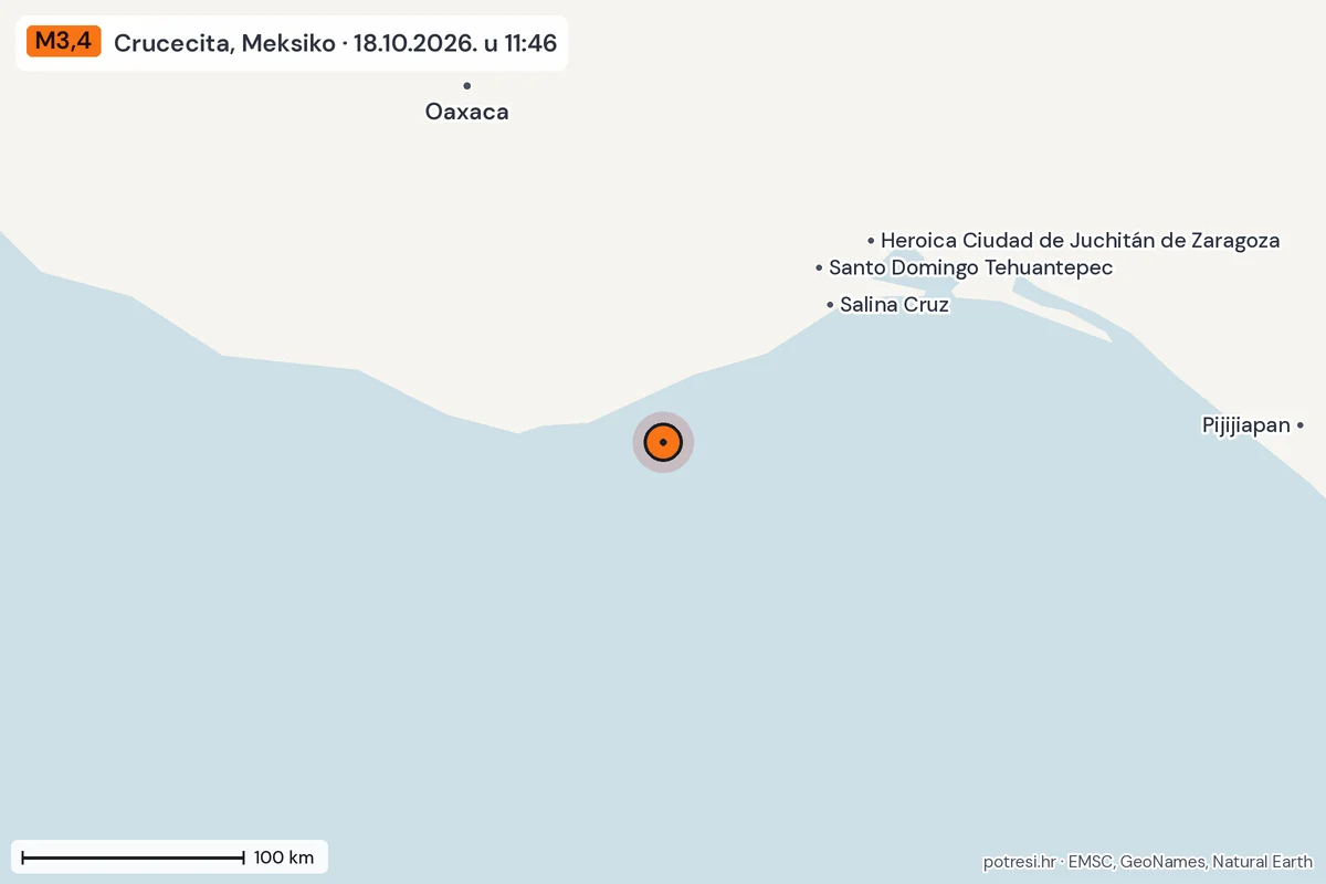 Karta: šire područje, 600 km, potres M3,4, Crucecita, Meksiko, 18.10.2026.