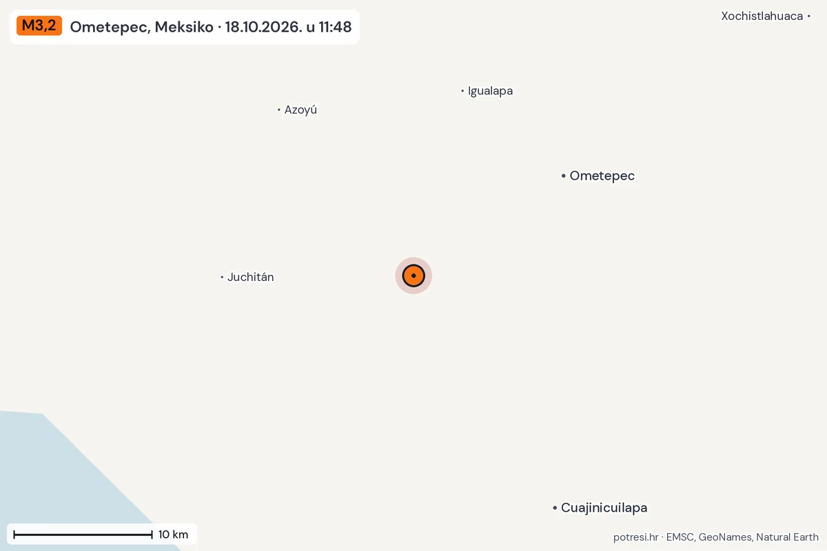 Karta: okolica epicentra, 60 km, potres M3,2, Ometepec, Meksiko, 18.10.2026.
