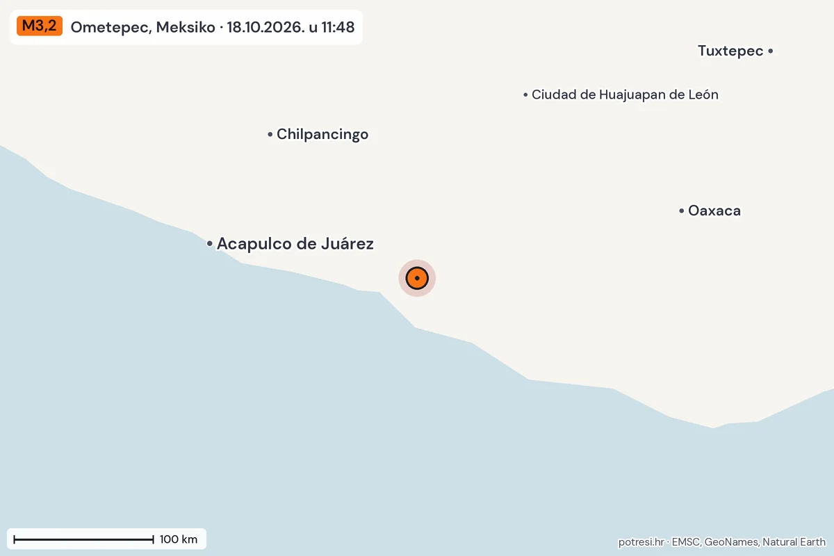 Karta: šire područje, 600 km, potres M3,2, Ometepec, Meksiko, 18.10.2026.
