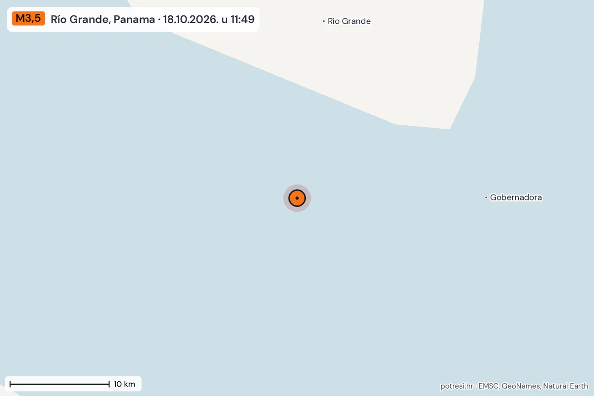 Karta: okolica epicentra, 60 km, potres M3,5, Río Grande, Panama, 18.10.2026.