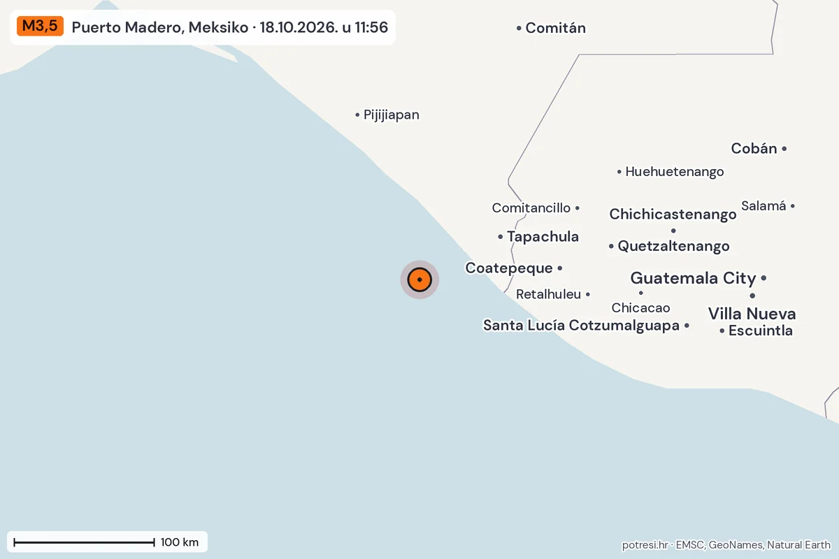 Karta: šire područje, 600 km, potres M3,5, Puerto Madero, Meksiko, 18.10.2026.