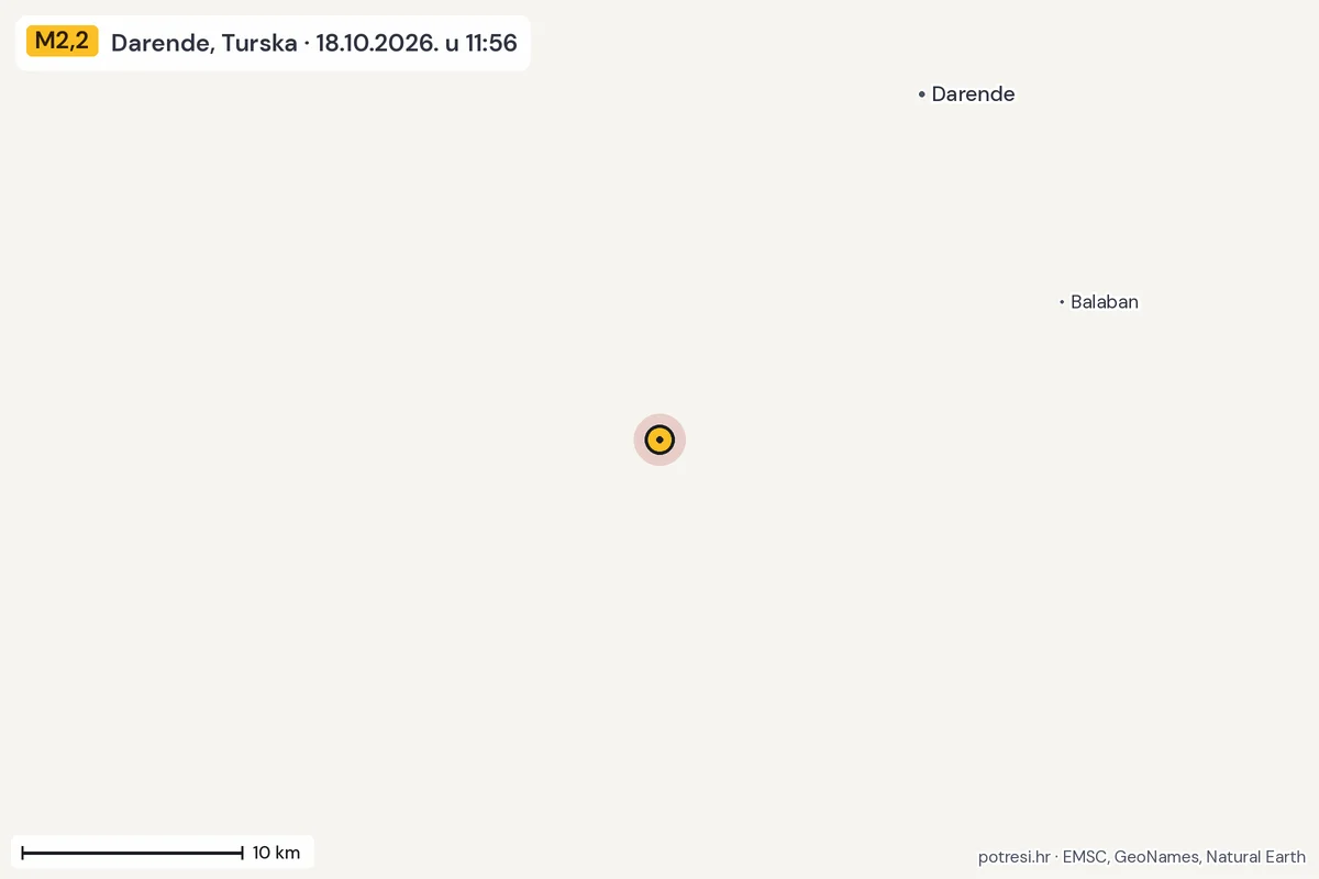 Karta: okolica epicentra, 60 km, potres M2,2, Darende, Turska, 18.10.2026.