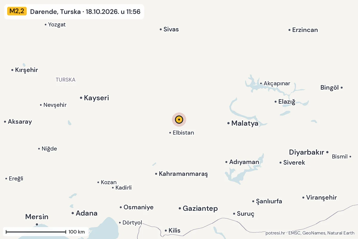 Karta: šire područje, 600 km, potres M2,2, Darende, Turska, 18.10.2026.