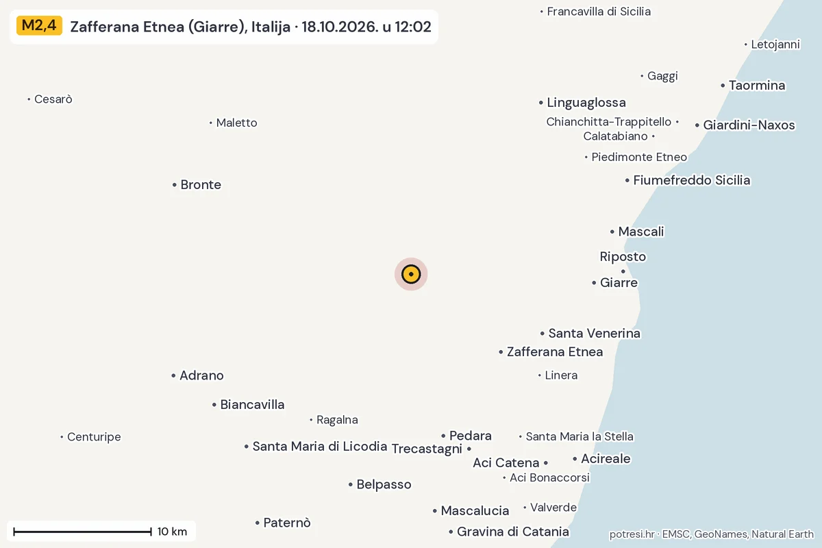 Karta: okolica epicentra, 60 km, potres M2,4, Zafferana Etnea (Giarre), Italija, 18.10.2026.