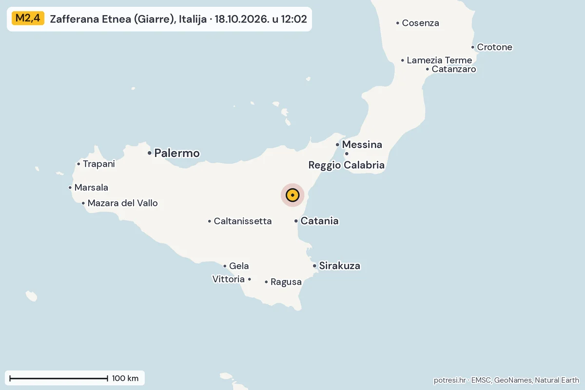 Karta: šire područje, 600 km, potres M2,4, Zafferana Etnea (Giarre), Italija, 18.10.2026.
