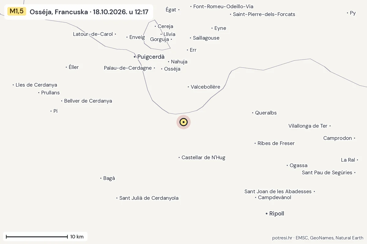 Karta: okolica epicentra, 60 km, potres M1,5, Osséja, Francuska, 18.10.2026.