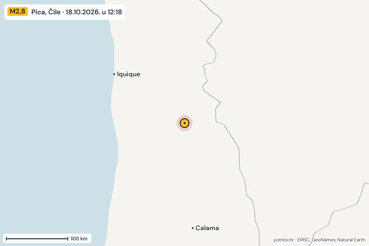 Karta: šire područje, 600 km, potres M2,8, Pica, Čile, 18.10.2026.