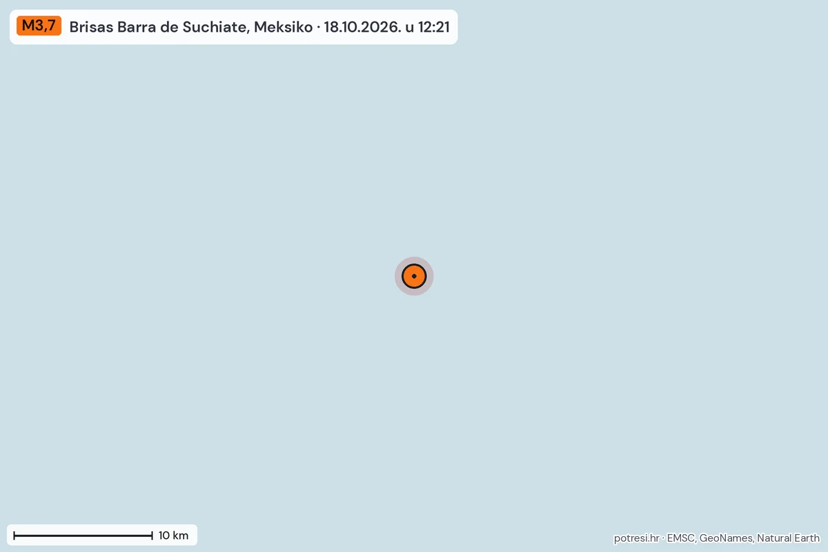 Karta: okolica epicentra, 60 km, potres M3,7, Brisas Barra de Suchiate, Meksiko, 18.10.2026.