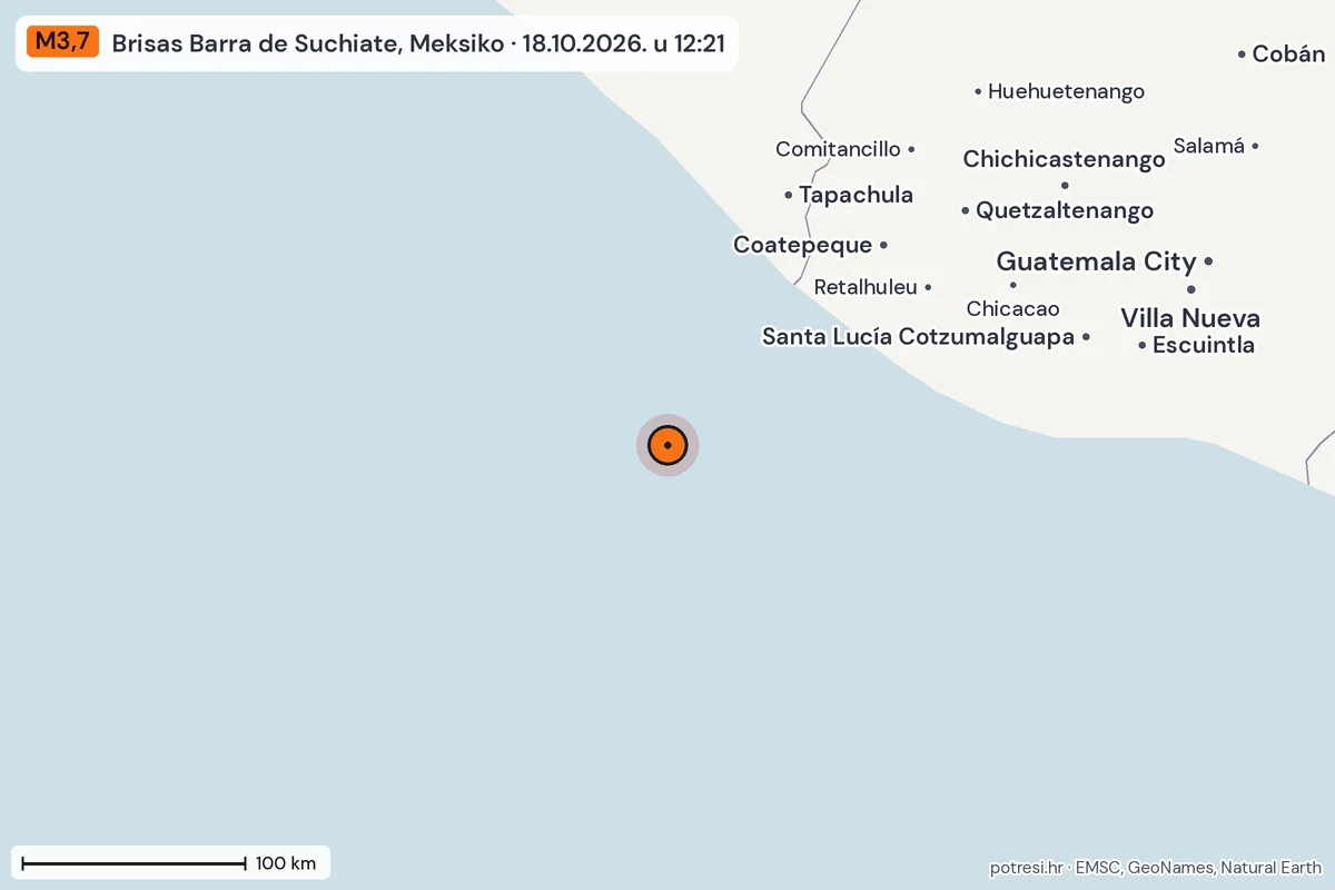 Karta: šire područje, 600 km, potres M3,7, Brisas Barra de Suchiate, Meksiko, 18.10.2026.