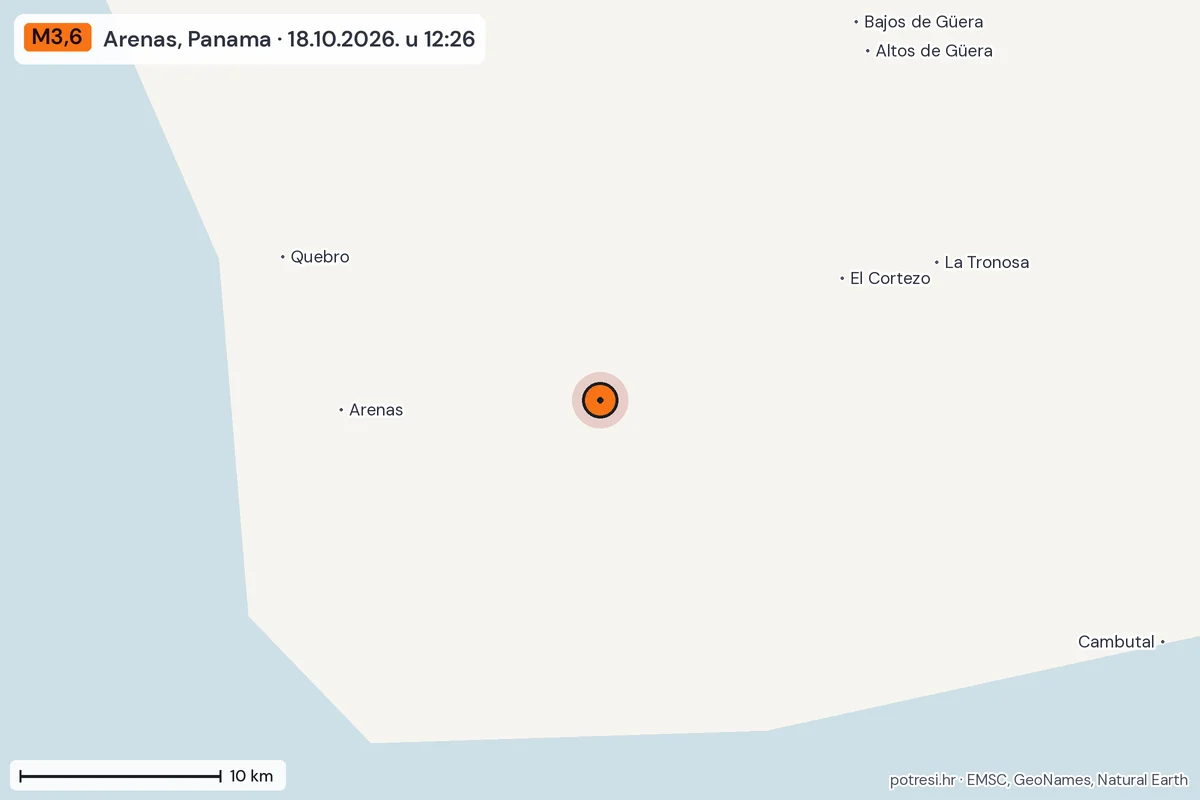 Karta: okolica epicentra, 60 km, potres M3,6, Arenas, Panama, 18.10.2026.