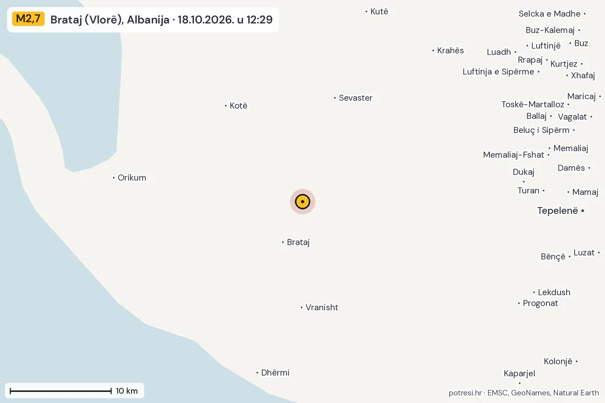 Karta: okolica epicentra, 60 km, potres M2,7, Brataj (Vlorë), Albanija, 18.10.2026.