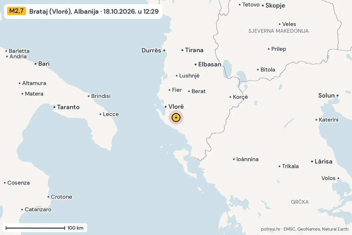 Karta: šire područje, 600 km, potres M2,7, Brataj (Vlorë), Albanija, 18.10.2026.