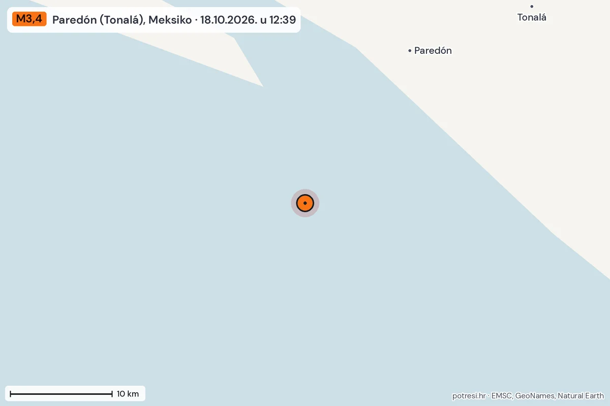 Karta: okolica epicentra, 60 km, potres M3,4, Paredón (Tonalá), Meksiko, 18.10.2026.