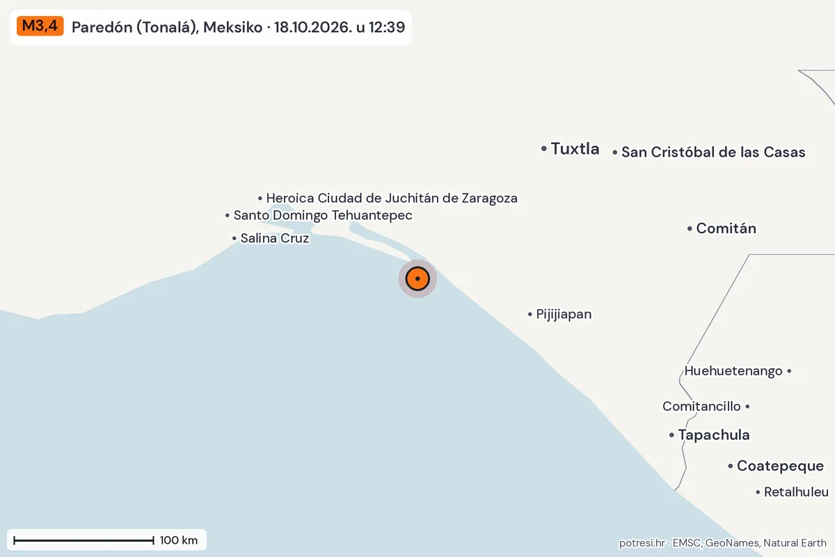 Karta: šire područje, 600 km, potres M3,4, Paredón (Tonalá), Meksiko, 18.10.2026.