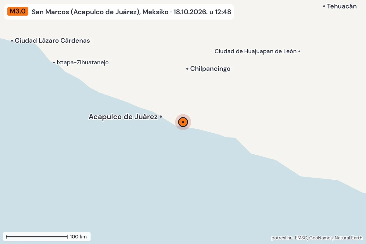 Karta: šire područje, 600 km, potres M3,0, San Marcos (Acapulco de Juárez), Meksiko, 18.10.2026.