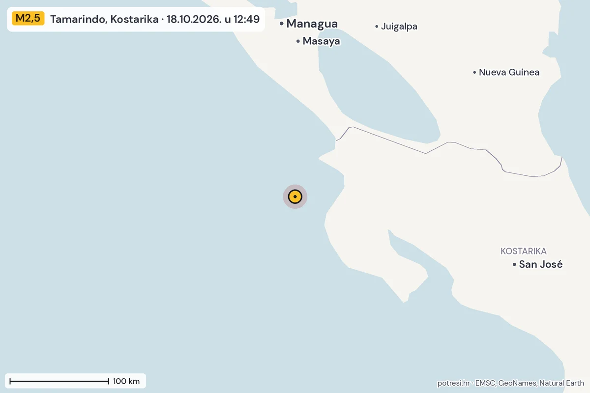 Karta: šire područje, 600 km, potres M2,5, Tamarindo, Kostarika, 18.10.2026.