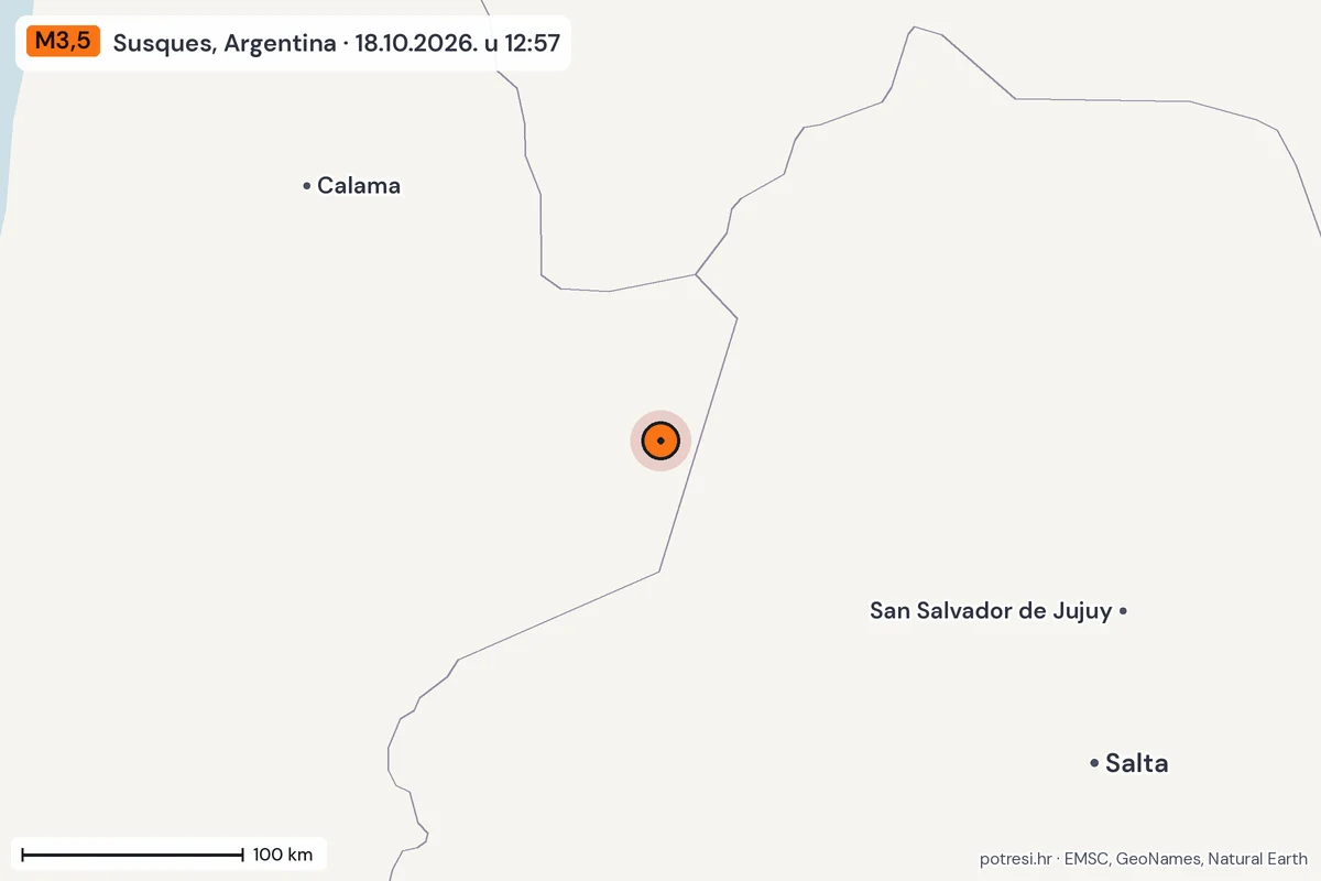 Karta: šire područje, 600 km, potres M3,5, Susques, Argentina, 18.10.2026.