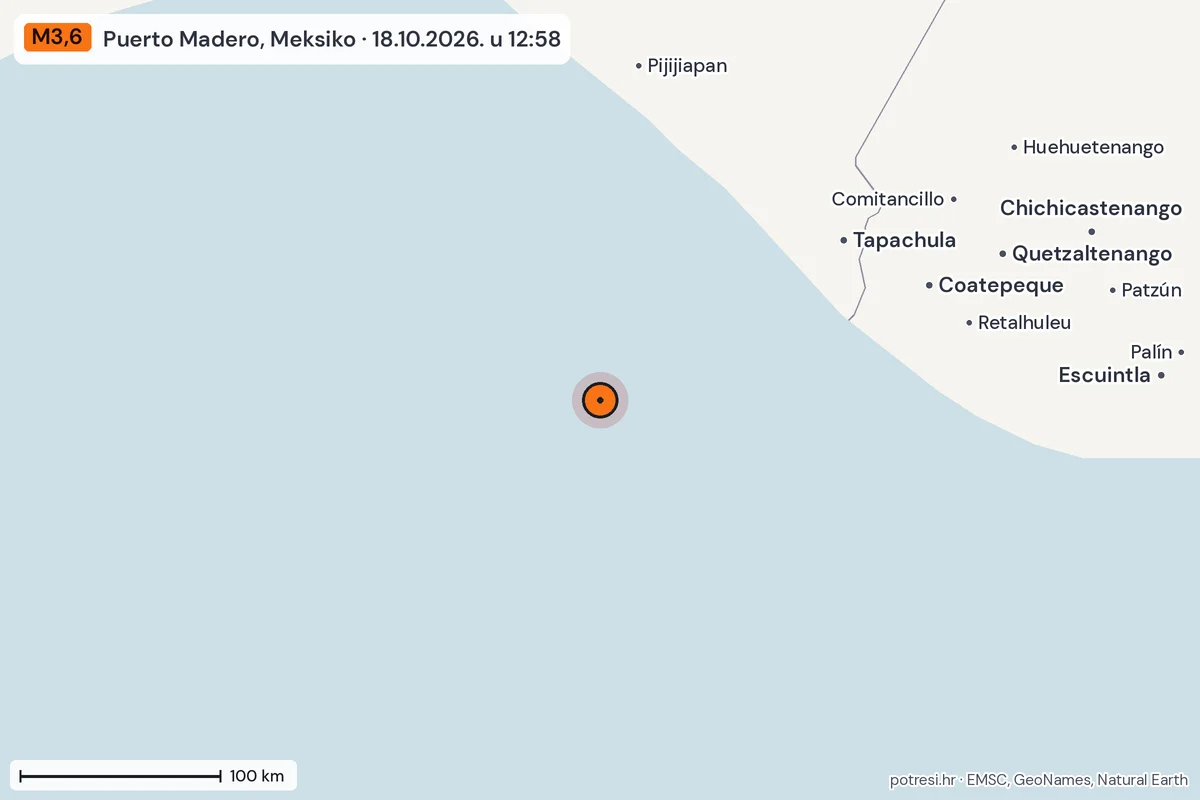 Karta: šire područje, 600 km, potres M3,6, Puerto Madero, Meksiko, 18.10.2026.