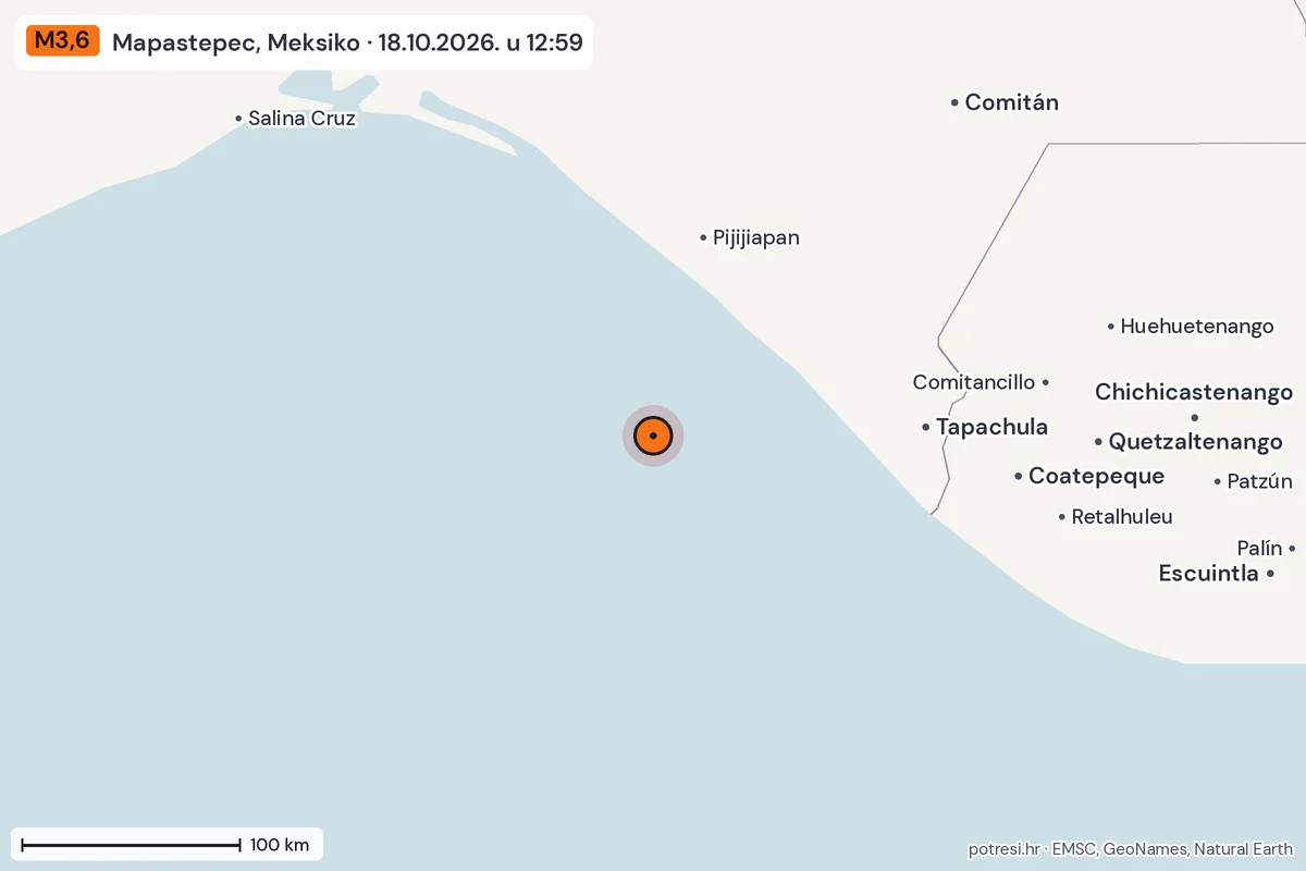 Karta: šire područje, 600 km, potres M3,6, Mapastepec, Meksiko, 18.10.2026.