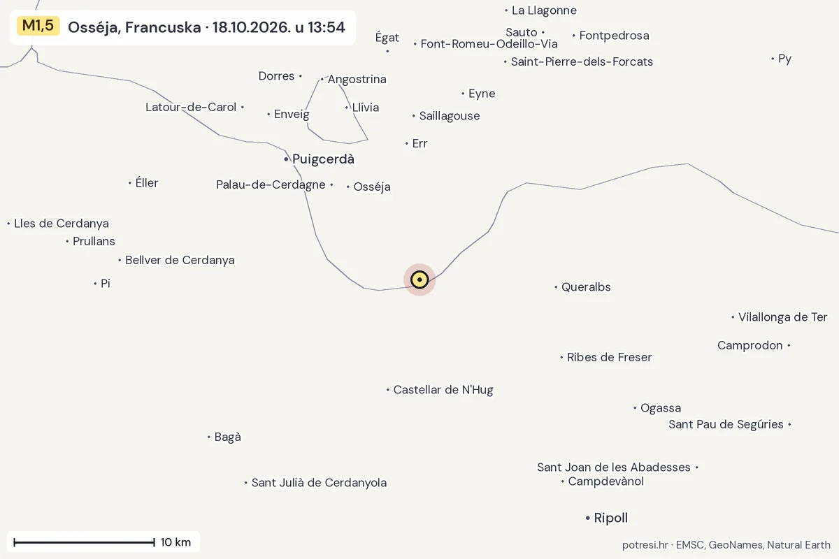 Karta: okolica epicentra, 60 km, potres M1,5, Osséja, Francuska, 18.10.2026.
