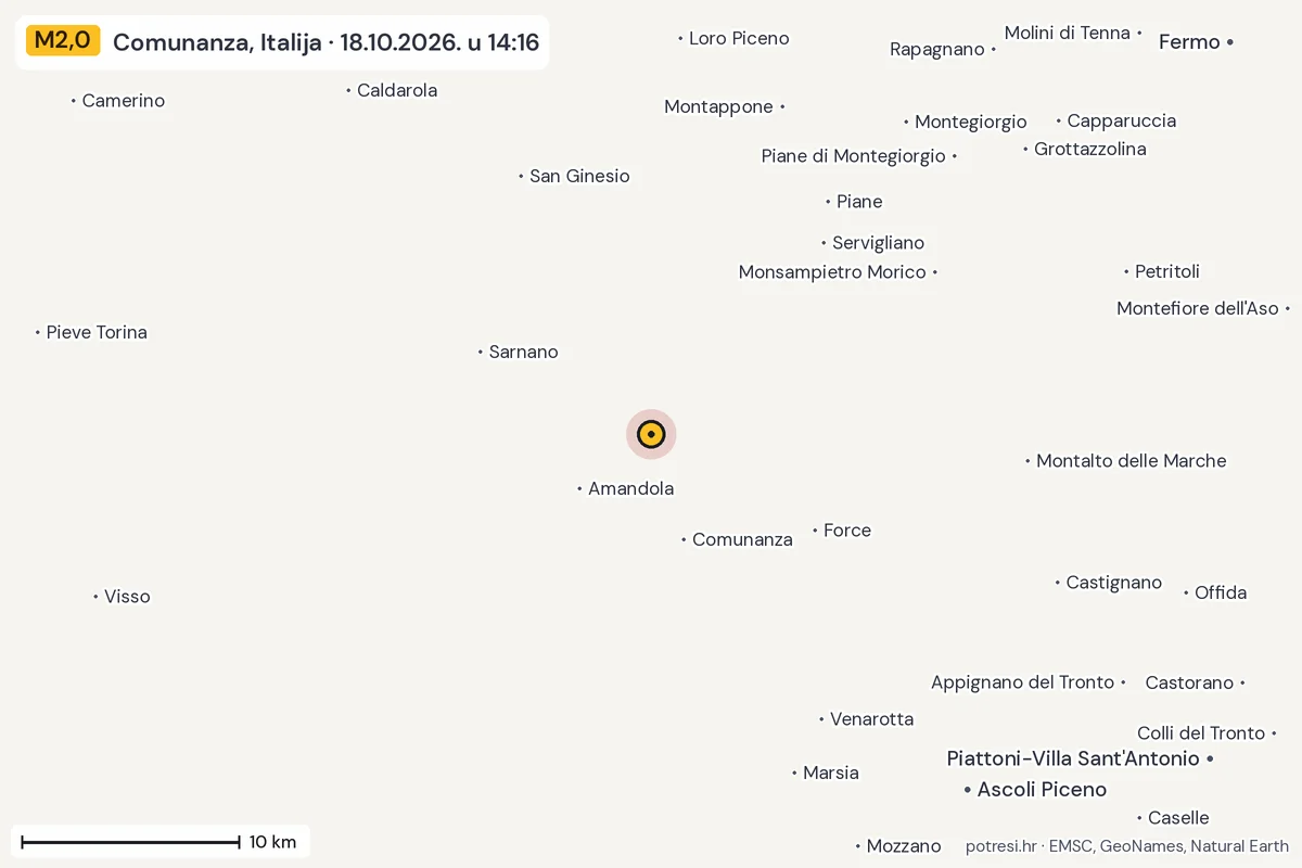 Karta: okolica epicentra, 60 km, potres M2,0, Comunanza, Italija, 18.10.2026.