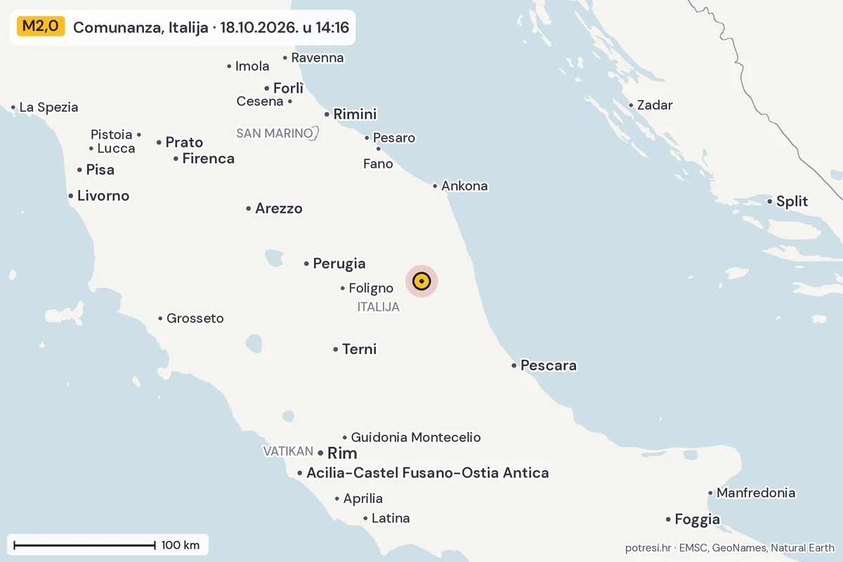 Karta: šire područje, 600 km, potres M2,0, Comunanza, Italija, 18.10.2026.