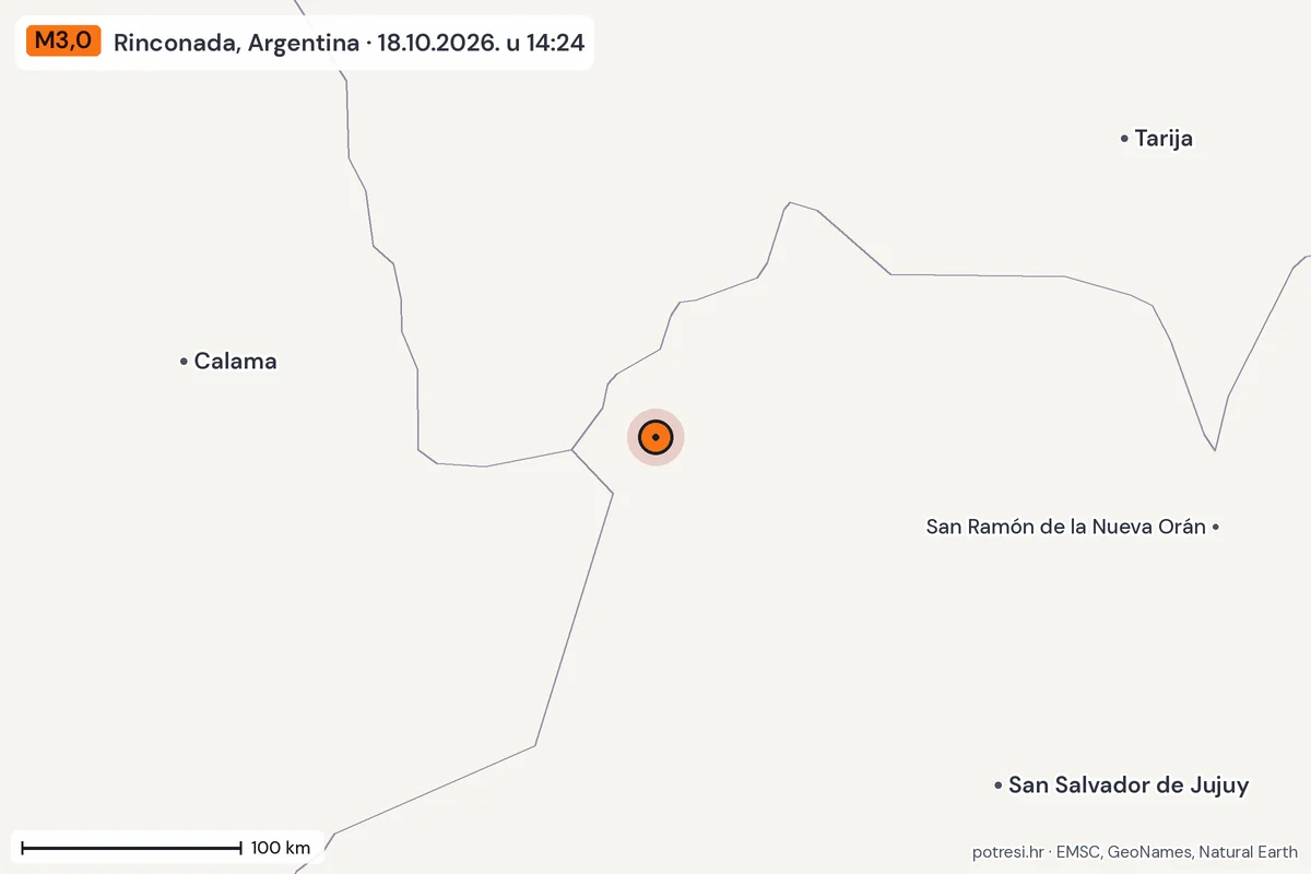 Karta: šire područje, 600 km, potres M3,0, Rinconada, Argentina, 18.10.2026.