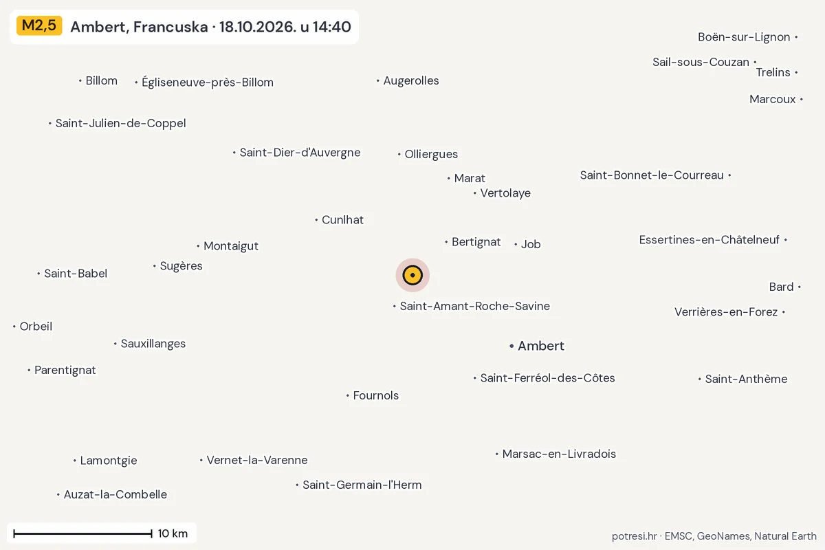 Karta: okolica epicentra, 60 km, potres M2,5, Ambert, Francuska, 18.10.2026.