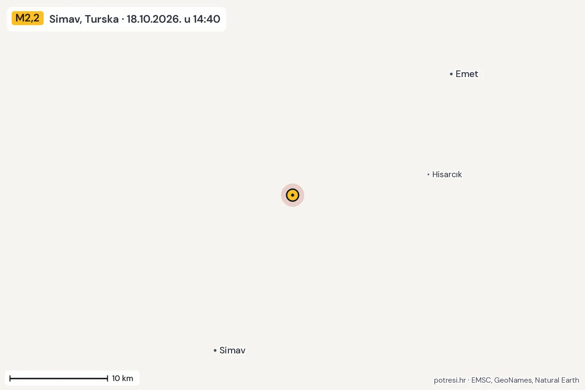 Karta: okolica epicentra, 60 km, potres M2,2, Simav, Turska, 18.10.2026.