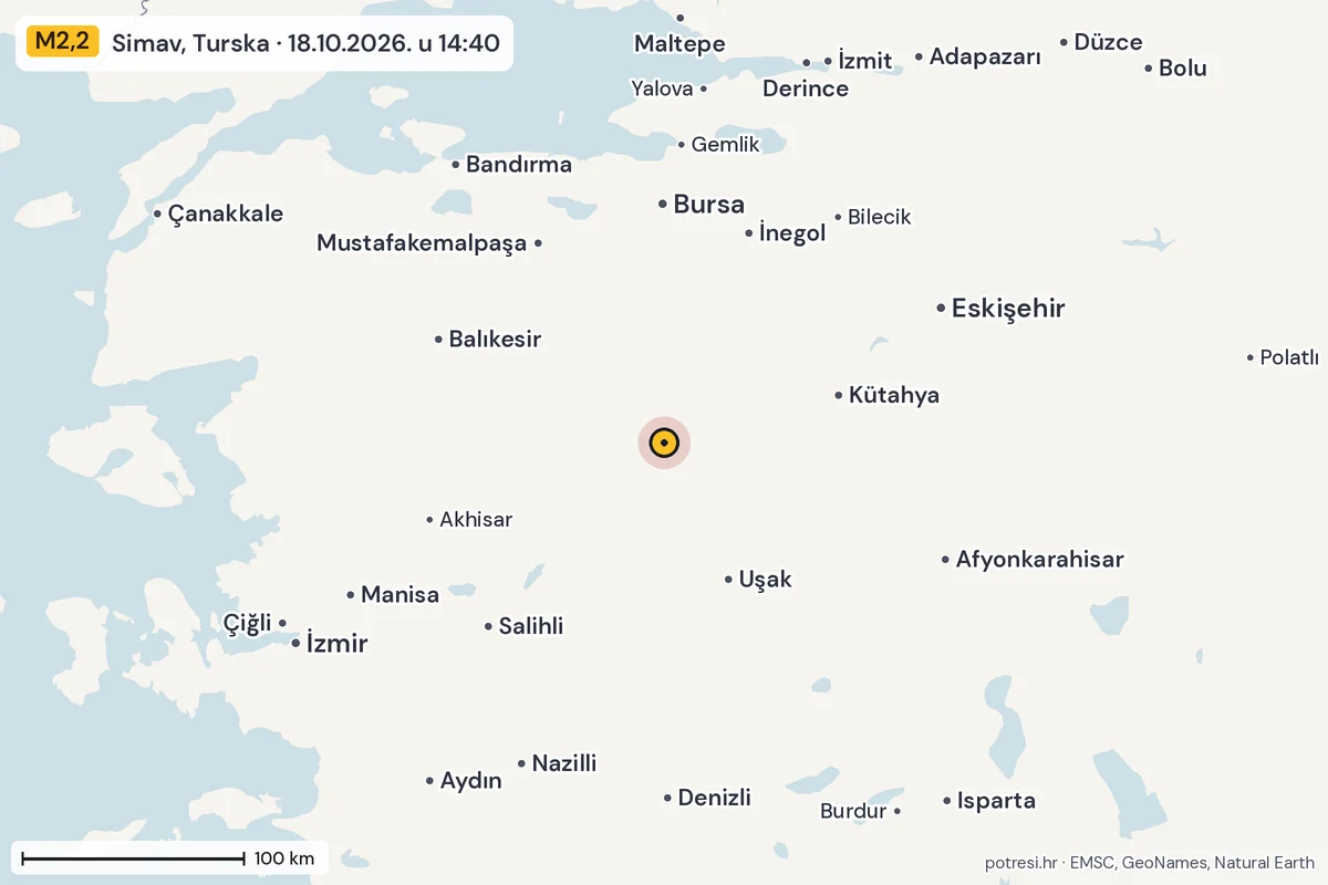 Karta: šire područje, 600 km, potres M2,2, Simav, Turska, 18.10.2026.
