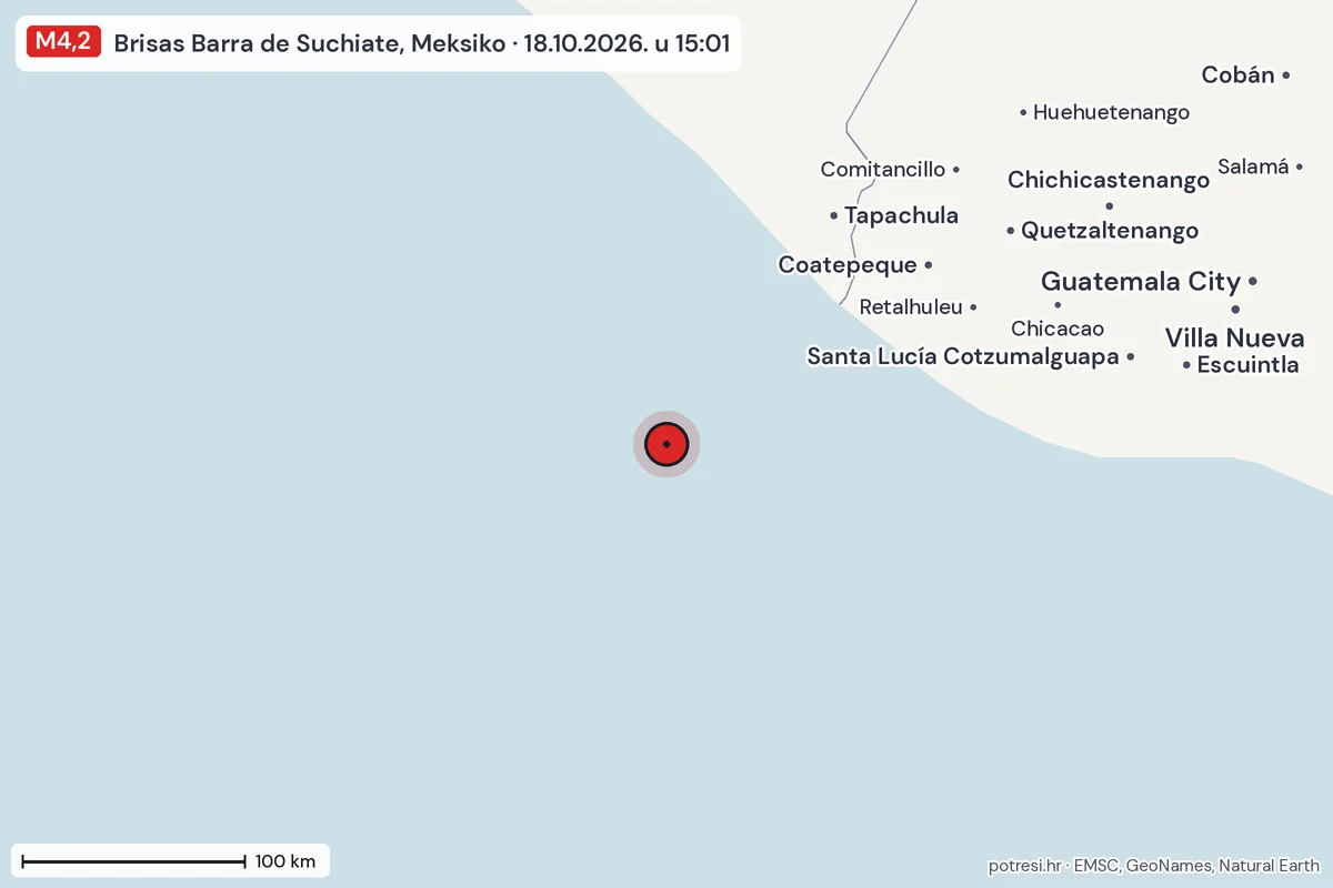 Karta: šire područje, 600 km, potres M4,2, Brisas Barra de Suchiate, Meksiko, 18.10.2026.