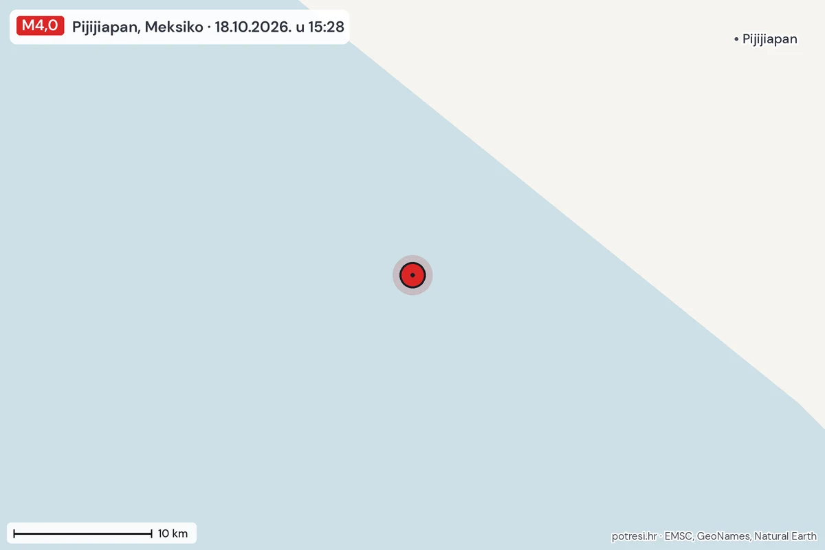Karta: okolica epicentra, 60 km, potres M4,0, Pijijiapan, Meksiko, 18.10.2026.