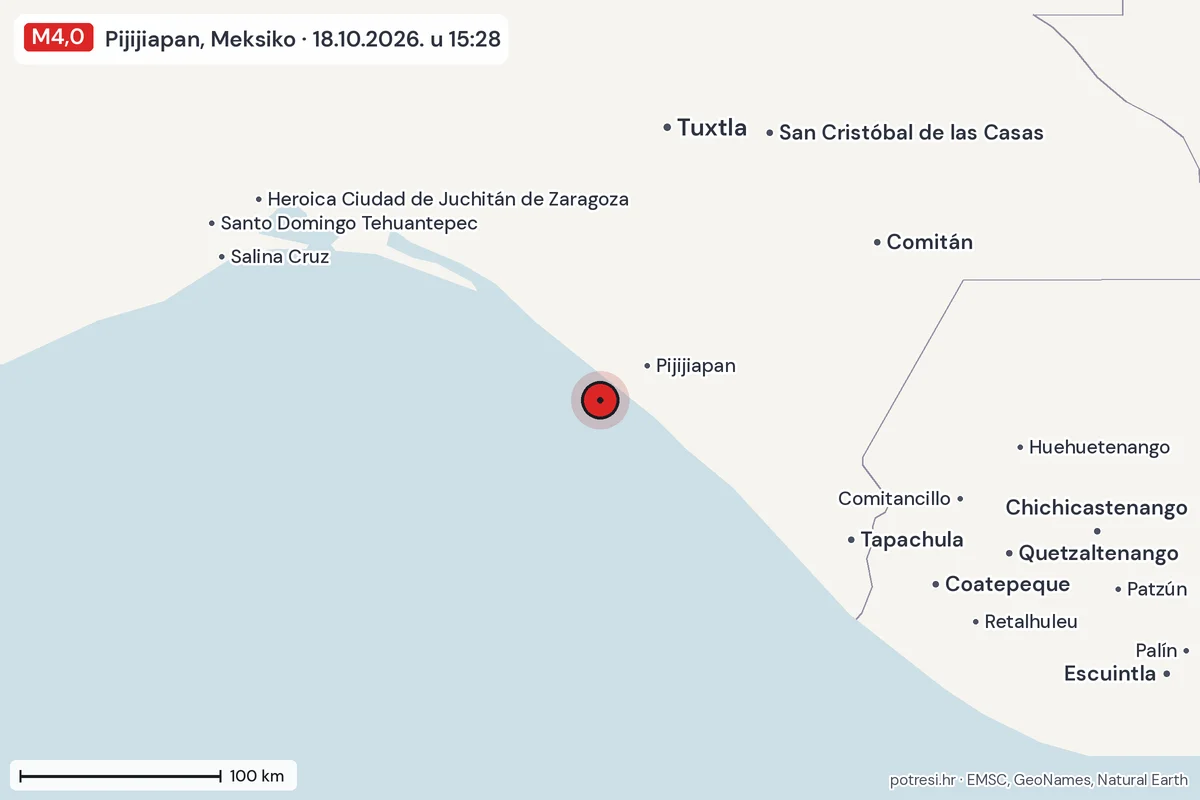Karta: šire područje, 600 km, potres M4,0, Pijijiapan, Meksiko, 18.10.2026.