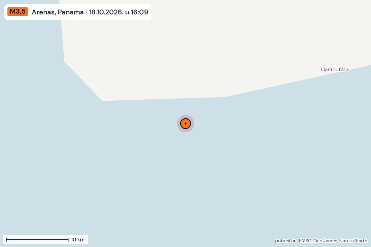 Karta: okolica epicentra, 60 km, potres M3,5, Arenas, Panama, 18.10.2026.
