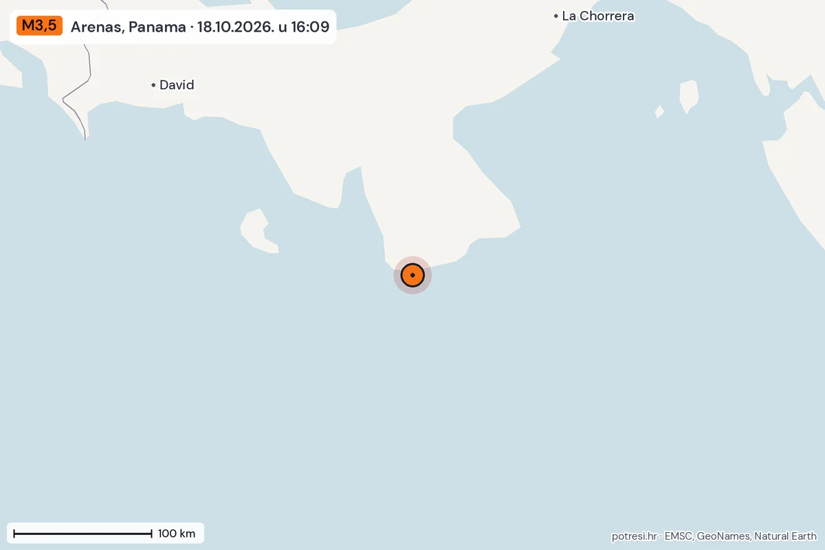 Karta: šire područje, 600 km, potres M3,5, Arenas, Panama, 18.10.2026.